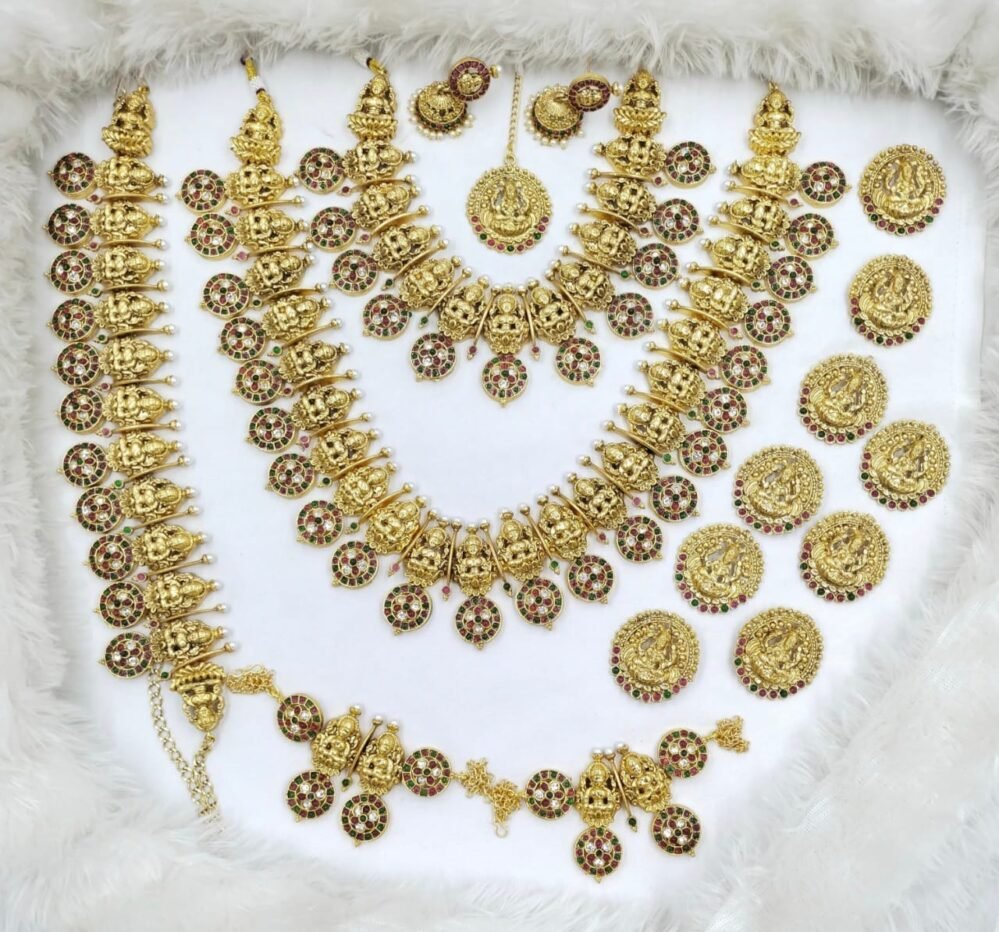 Multi-Color Stone & Pearls Temple Design Matte Finish Bridal Jewelry Set