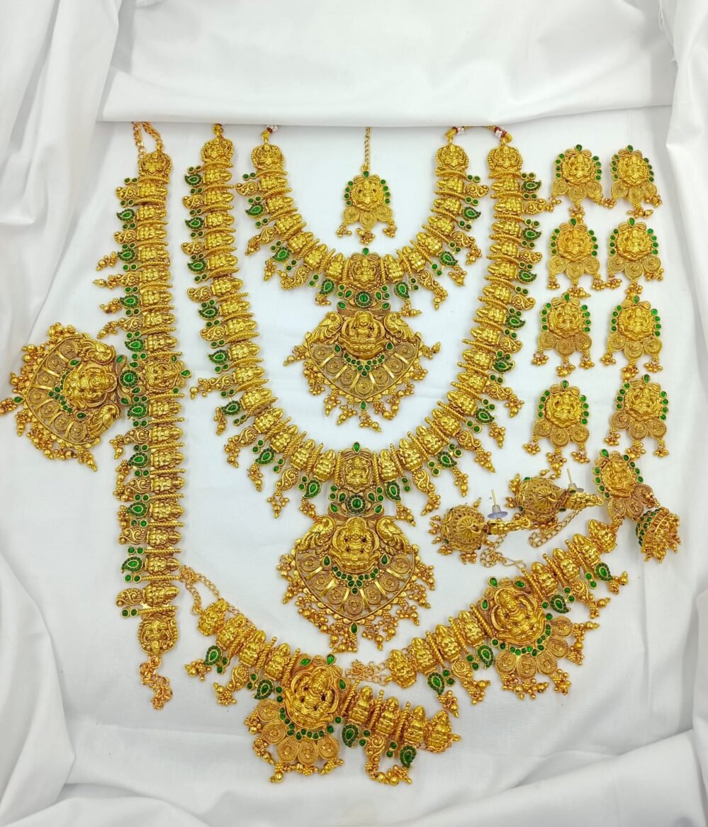 Temple Design Green Stone Matte Finish Bridal Jewelry Set